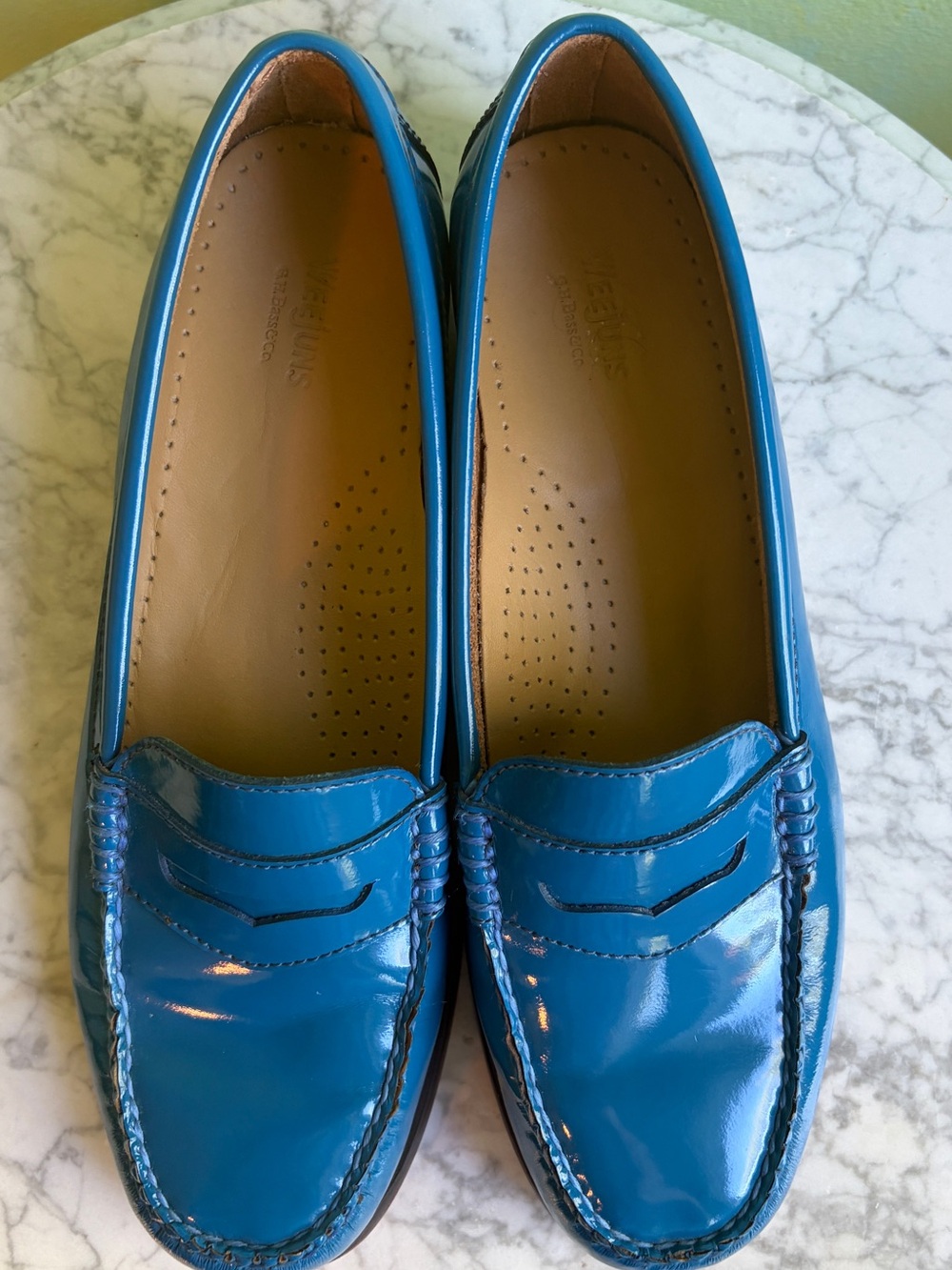 Cerulean Blue Patent Leather Bass Weejuns Penny Loafers, Size 8M - Picture 2 of 10